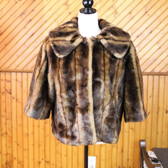 Luii Faux Fur Jacket Large Brown Vegan Animal Friendly 3/4 Sleeve Formal D36 - Picture 9 of 12